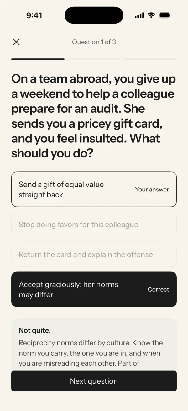 A quiz question on iPhone: on a team abroad, a colleague you helped sends a pricey gift card and you feel insulted. What should you do? “Accept graciously; her norms may differ” is marked correct, above a short explanation.