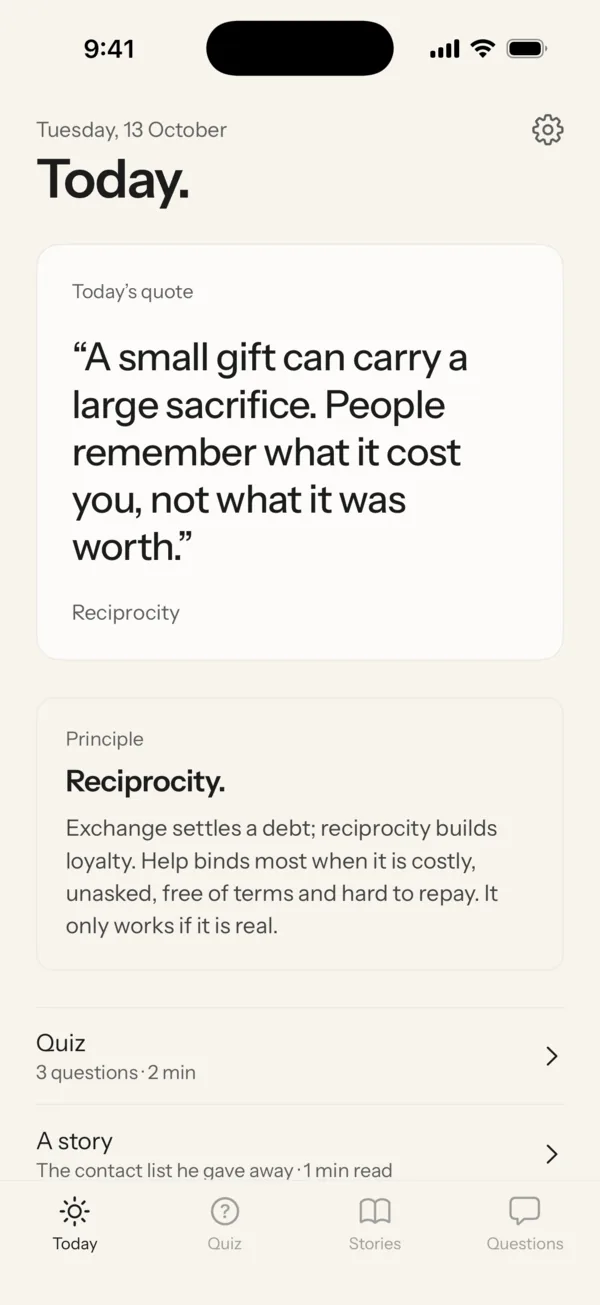 The Today screen on iPhone. A quote card reads “A small gift can carry a large sacrifice. People remember what it cost you, not what it was worth.” Under it, the principle Reciprocity, then rows for a three-question quiz and a story.