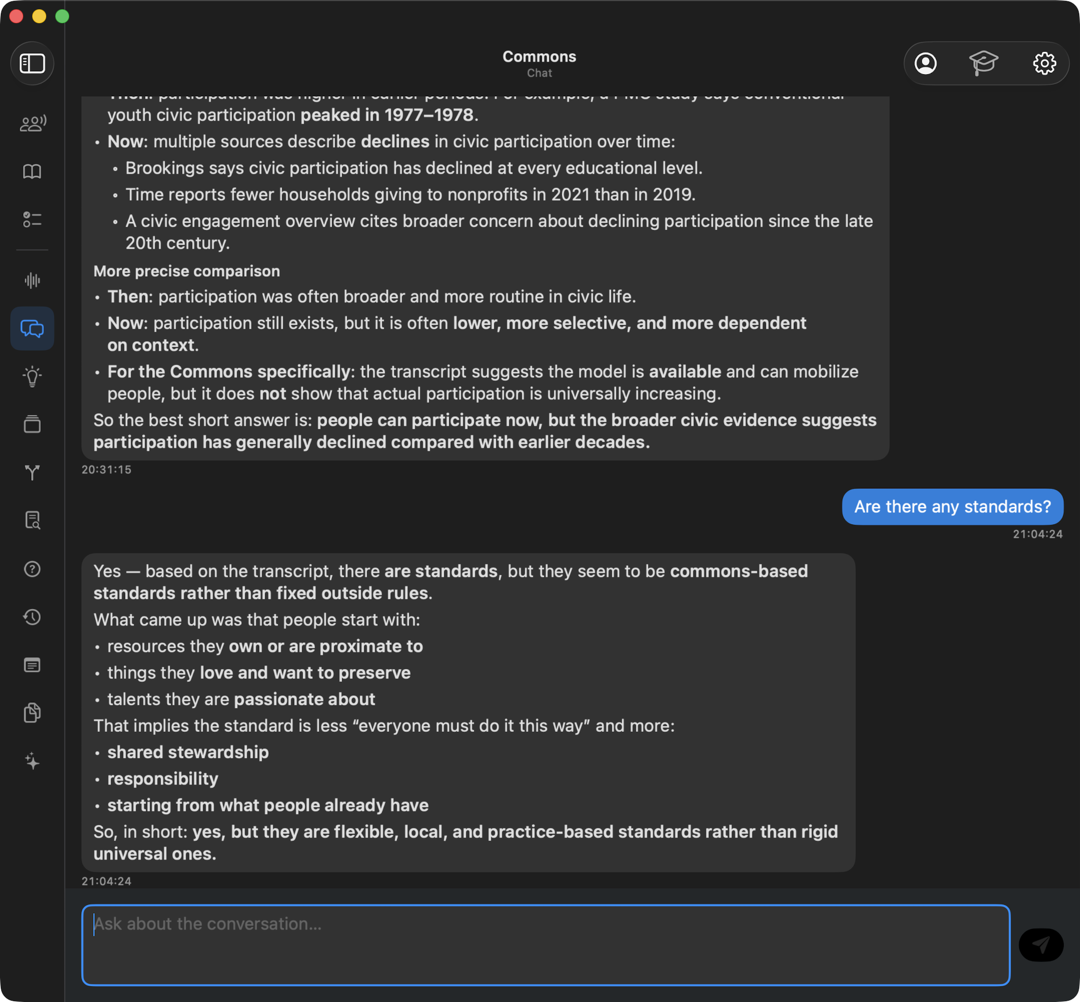 The Chat view, with a question box at the bottom