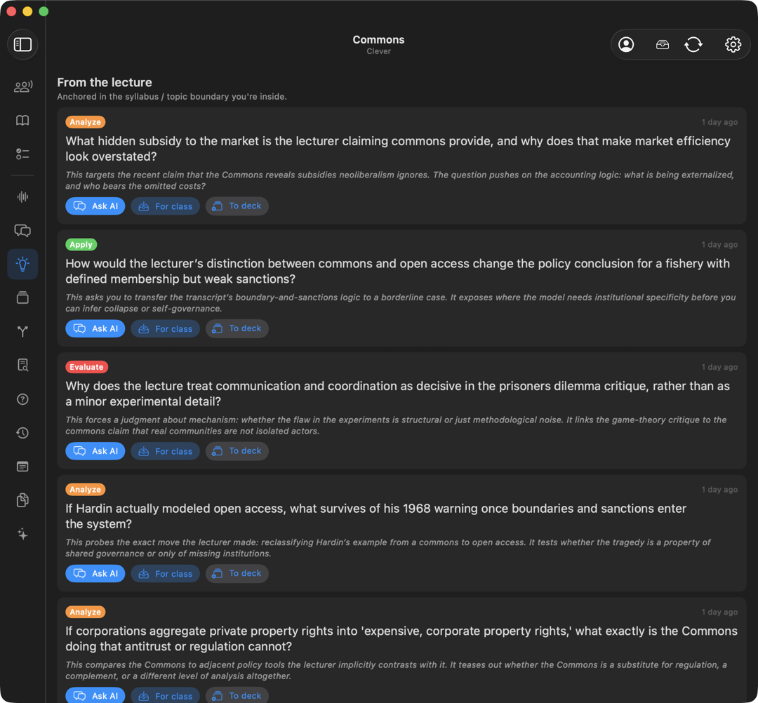 The Clever view, with suggested questions and quick actions