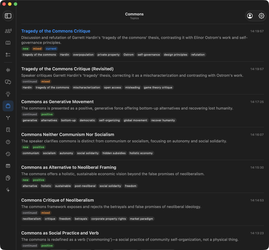 The Topics view, a running list of subjects with tags