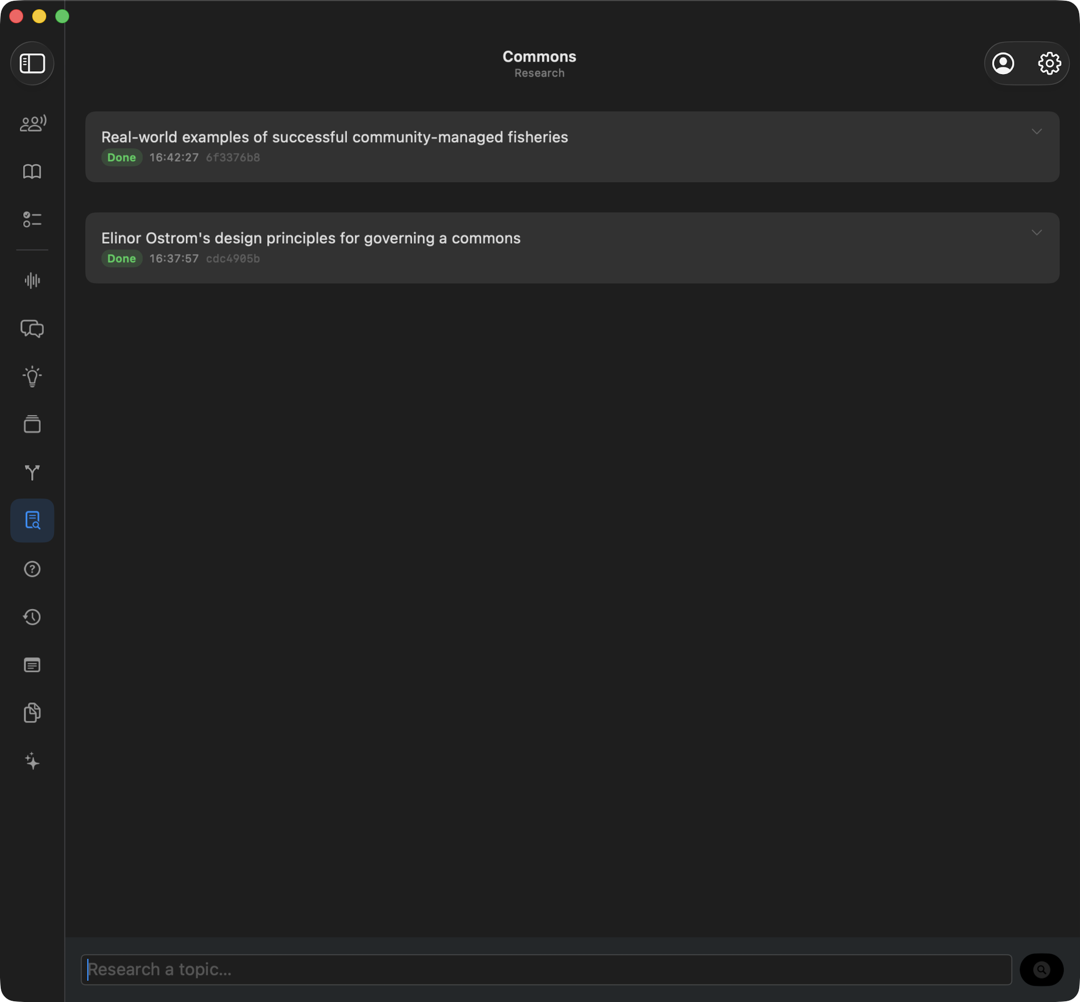 The Research view, a list of look-up tasks
