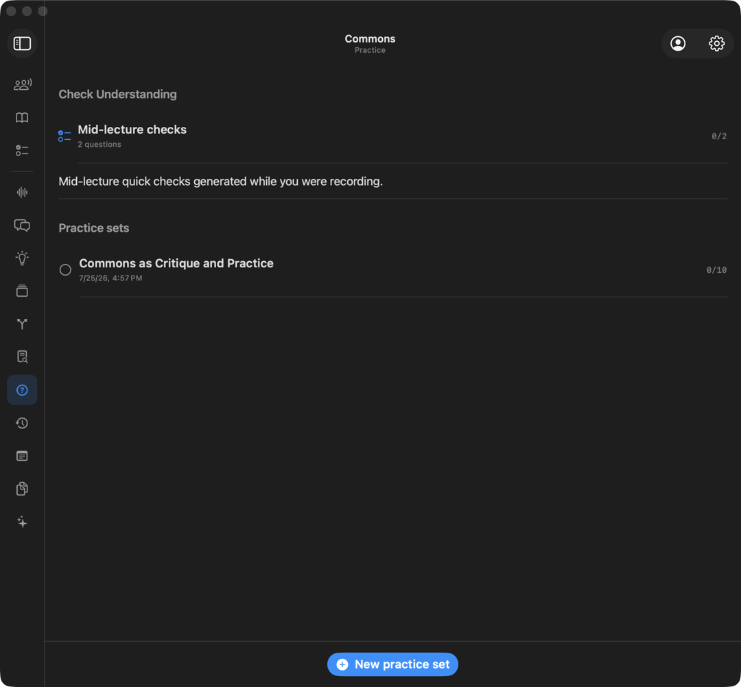 The Practice view, with a question set and a New practice set button