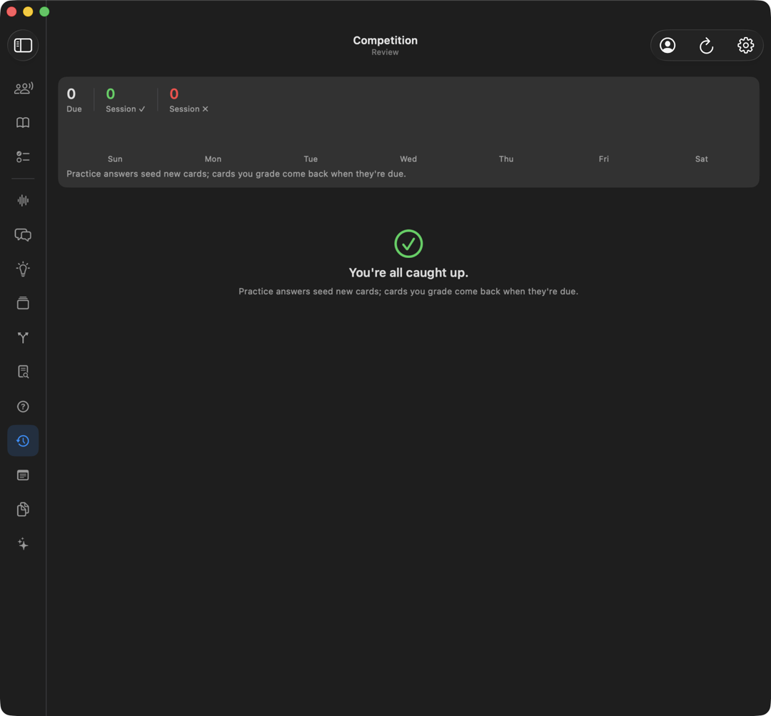 The Review view with nothing due, showing the caught-up message