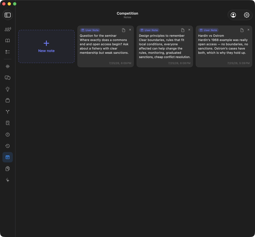 The Notes view, a grid of note cards