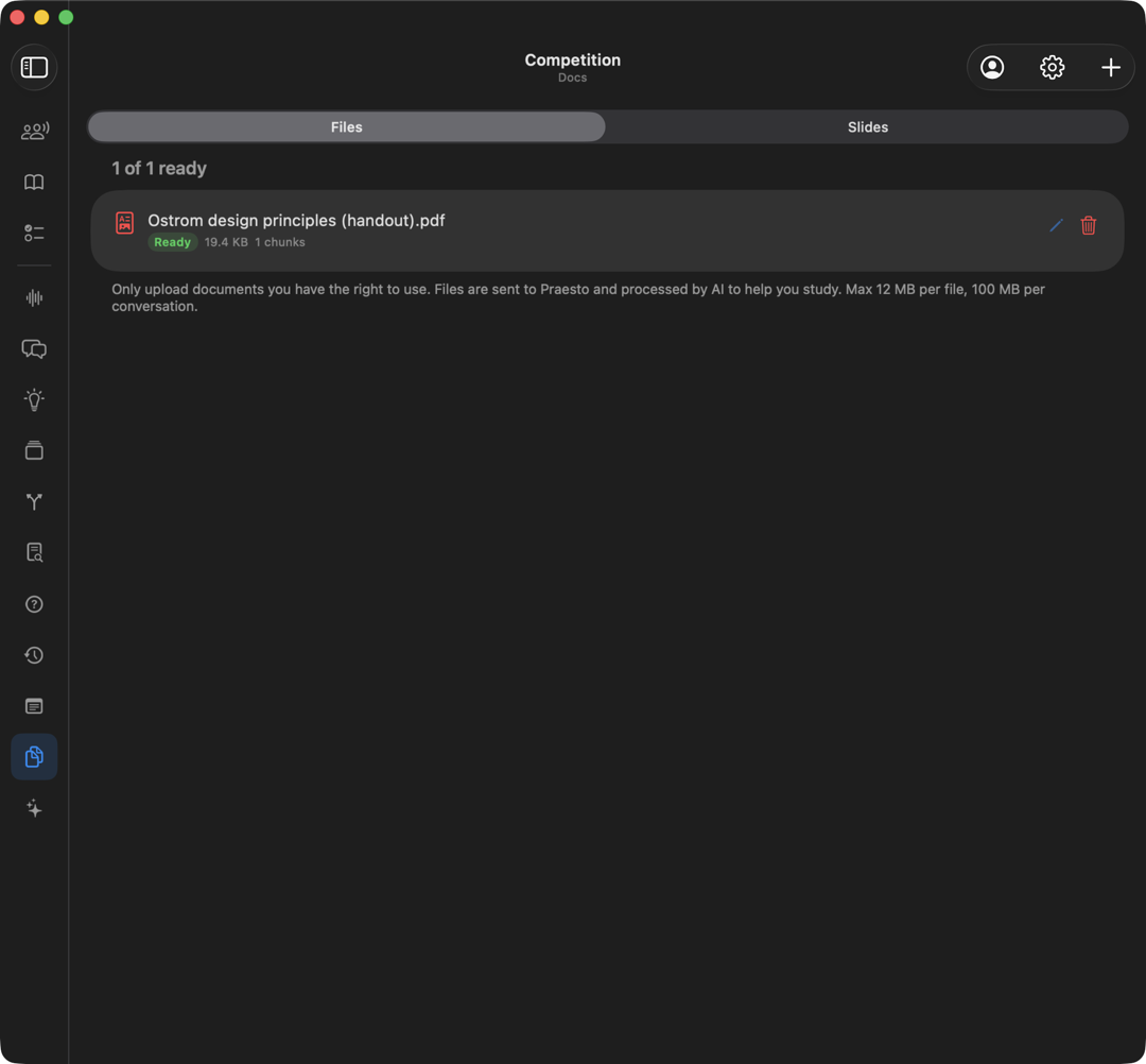 The Docs view, with an uploaded file and size limits
