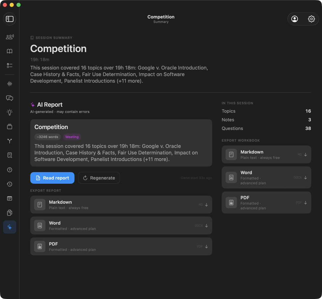 The Summary view, with session stats, an AI report, and export options