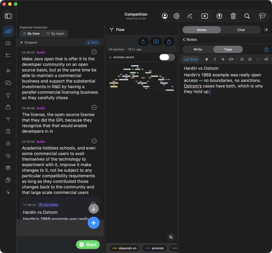 Meeting mode, with the transcript, the topic map, and your notes side by side