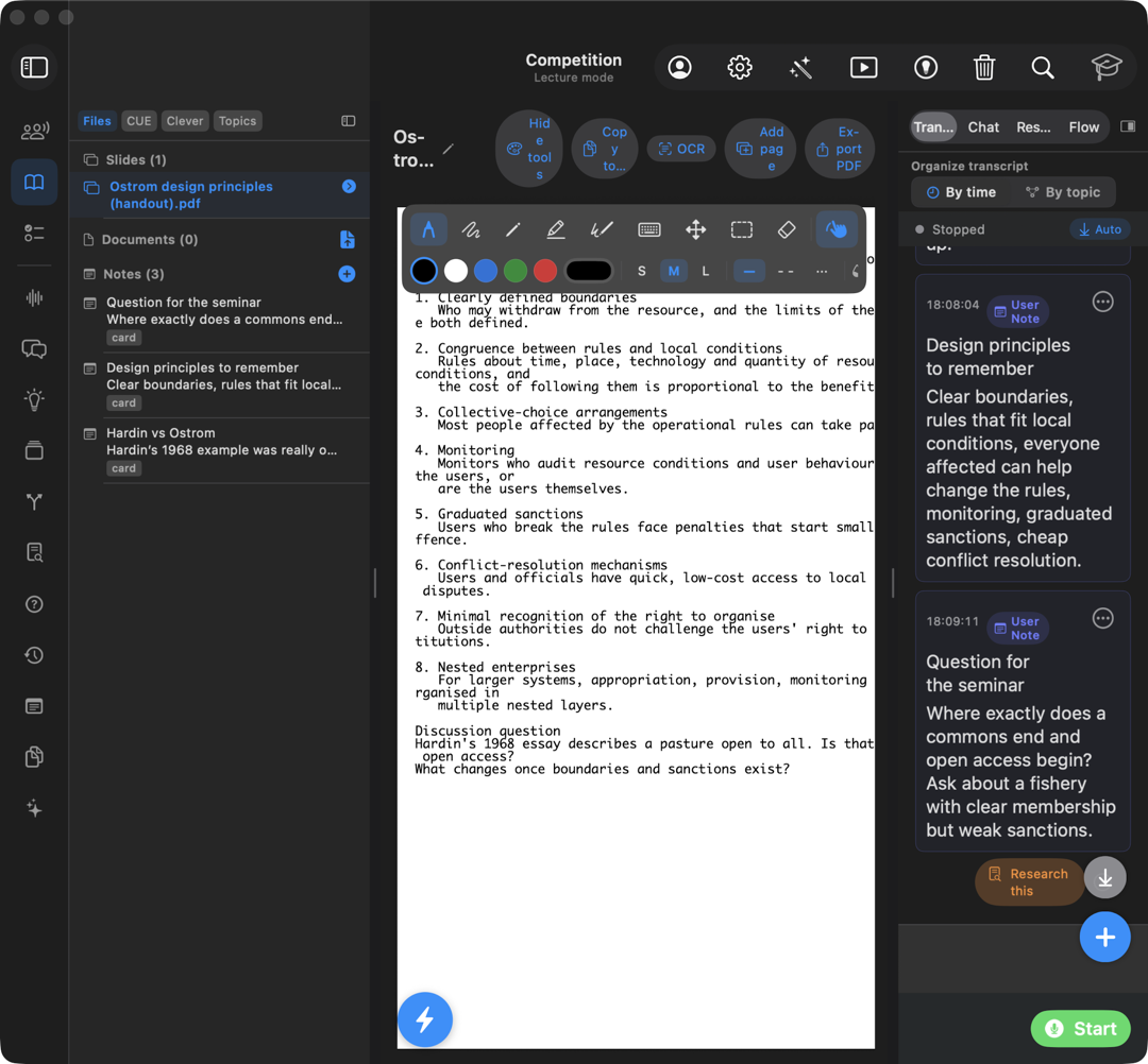 Lecture mode, with the file drawer, an open handout, and the transcript side by side