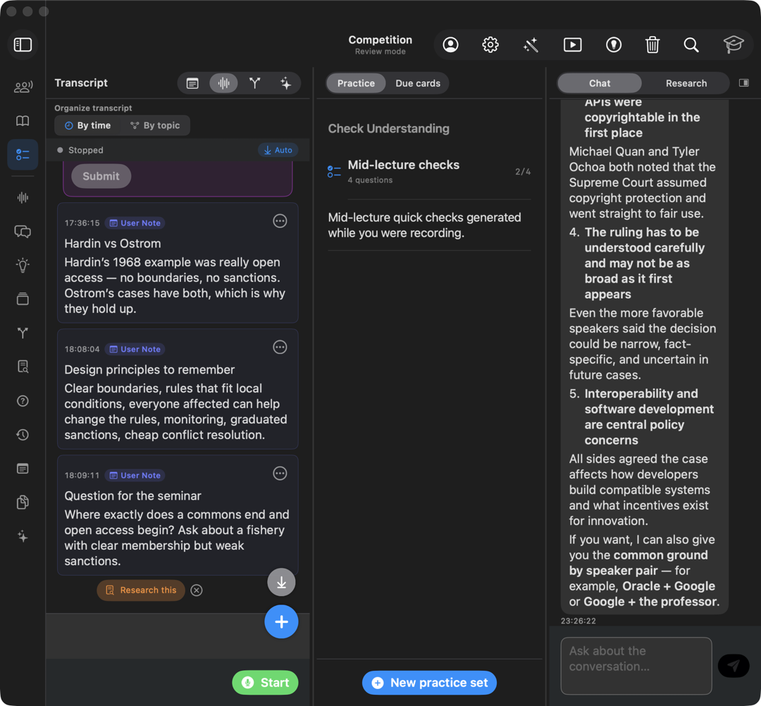 Review mode, with the transcript to check yourself against, practice in the centre, and chat on the right