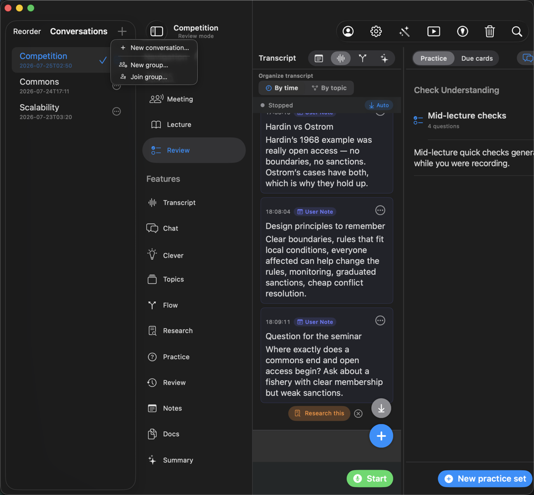 The conversations list open beside the menu, with the plus menu showing New conversation, New group, and Join group