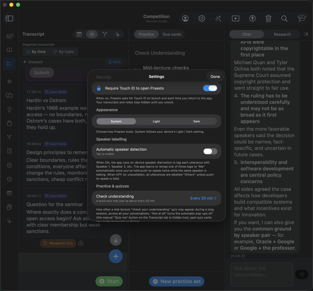 The Settings panel, with app lock, appearance, and how often a quick check appears