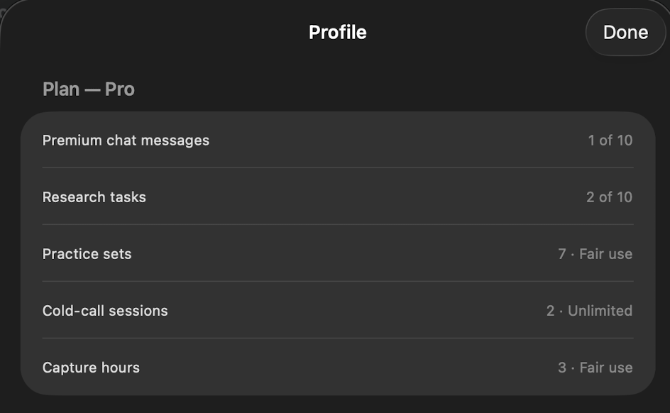The account panel, showing the plan and how much of each feature has been used