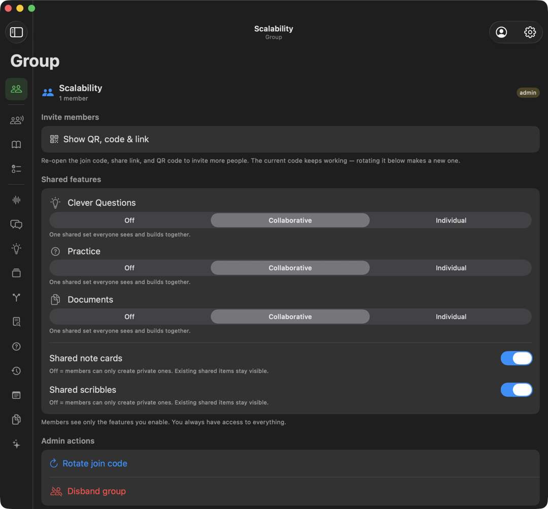 The Group panel, with the invite button, the shared-feature choices, and the admin actions