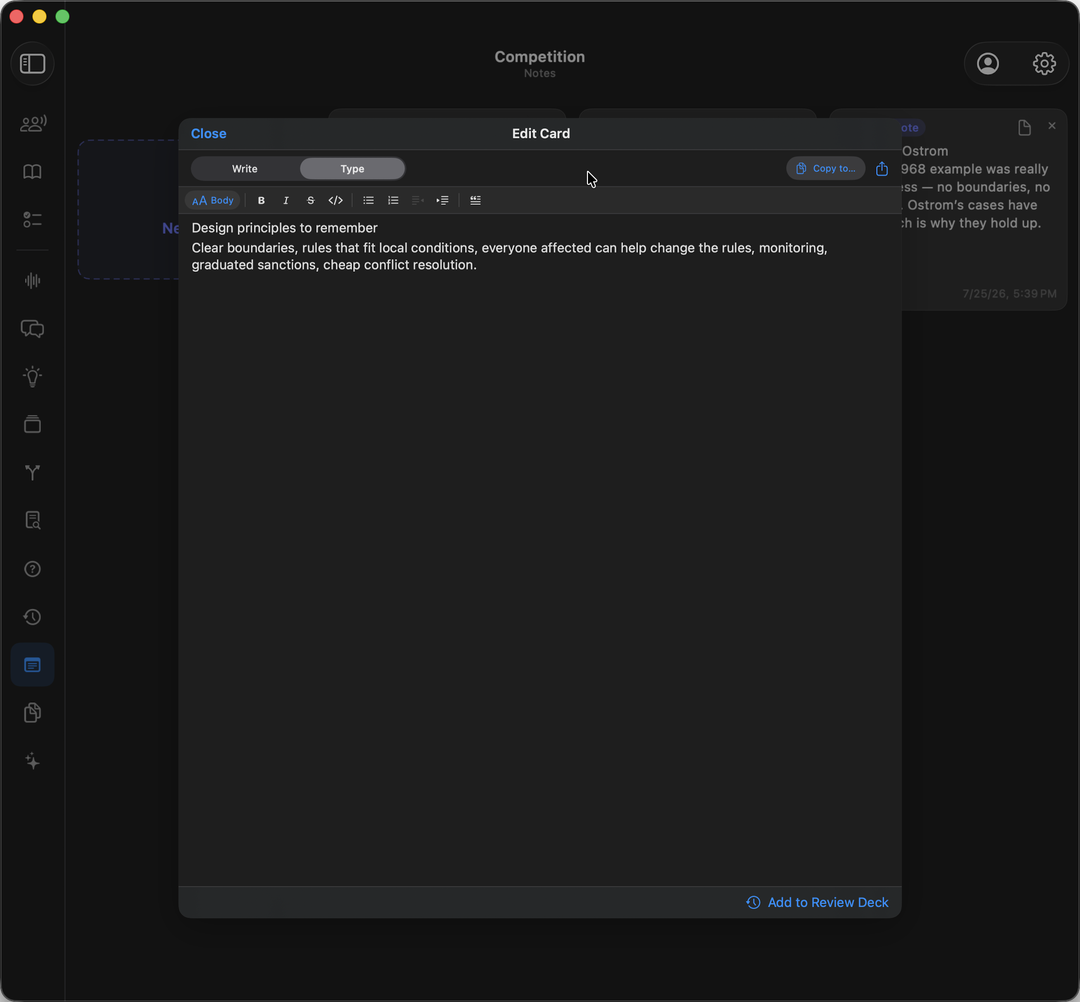 The note editor in Type mode, with the formatting bar