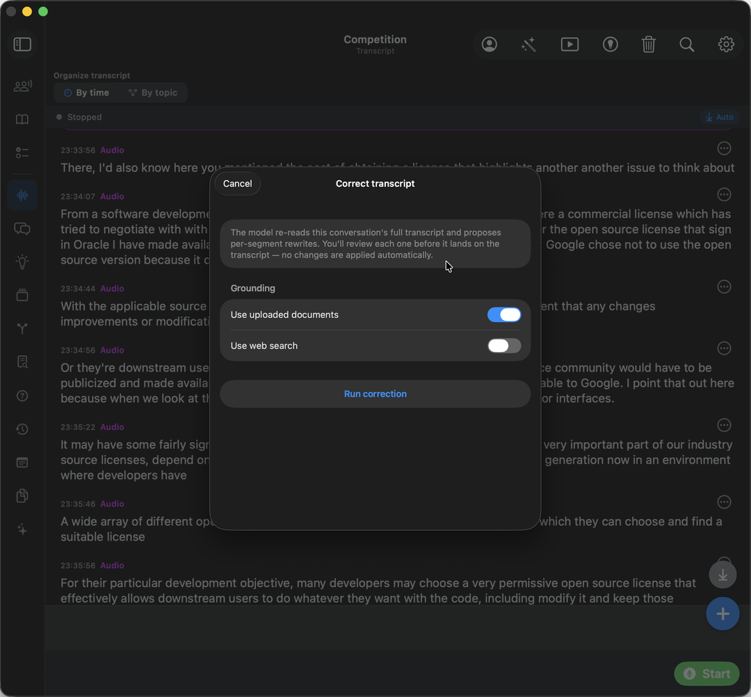 The Correct transcript panel, with grounding choices and a Run correction button