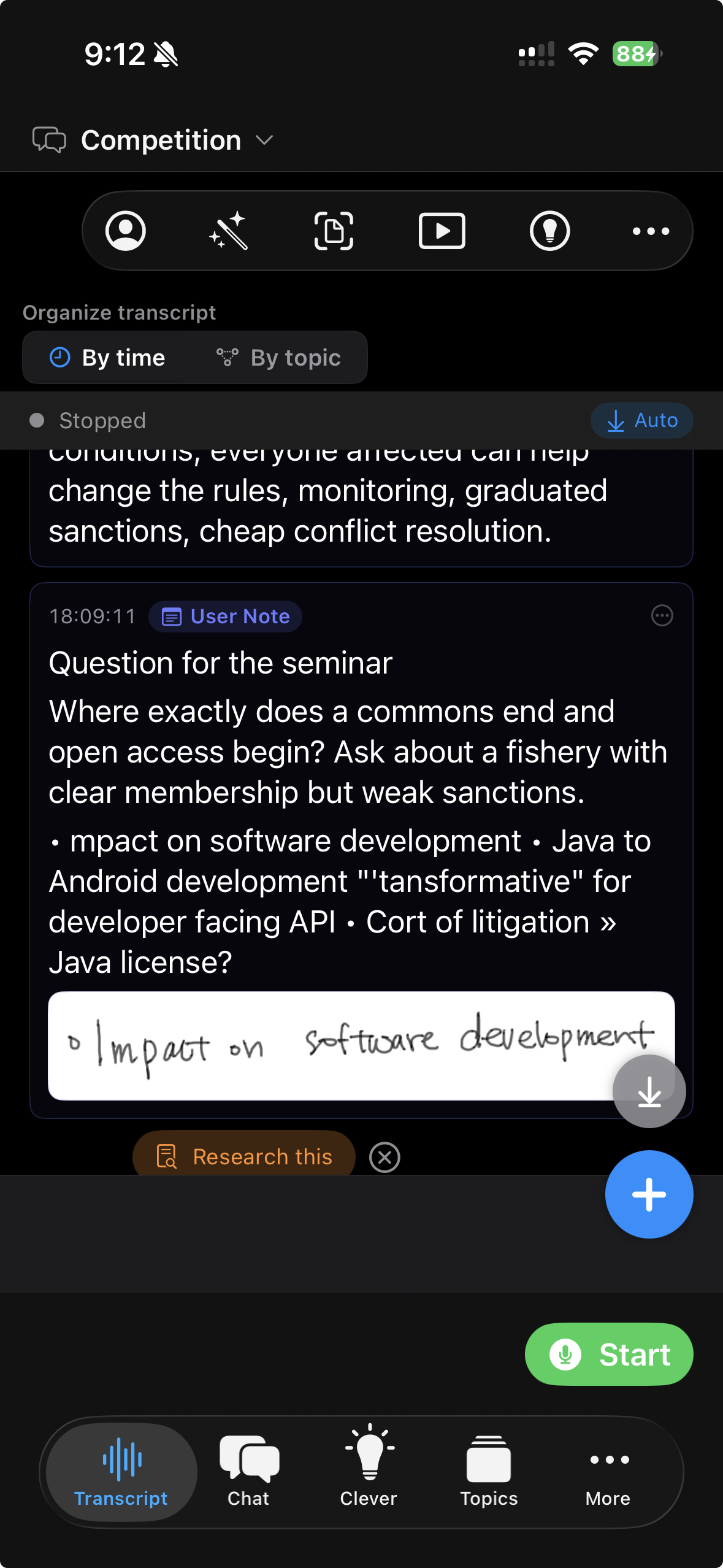 Praesto on an iPhone, with the conversation name at the top and a row of tabs at the bottom