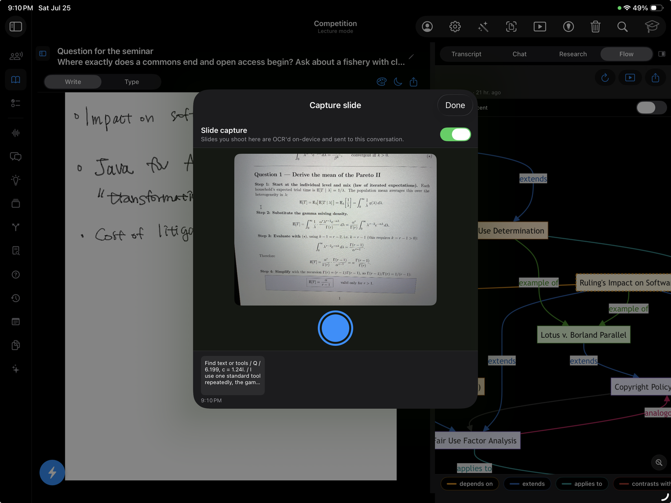 The Capture slide panel on an iPad, with the camera pointed at a slide