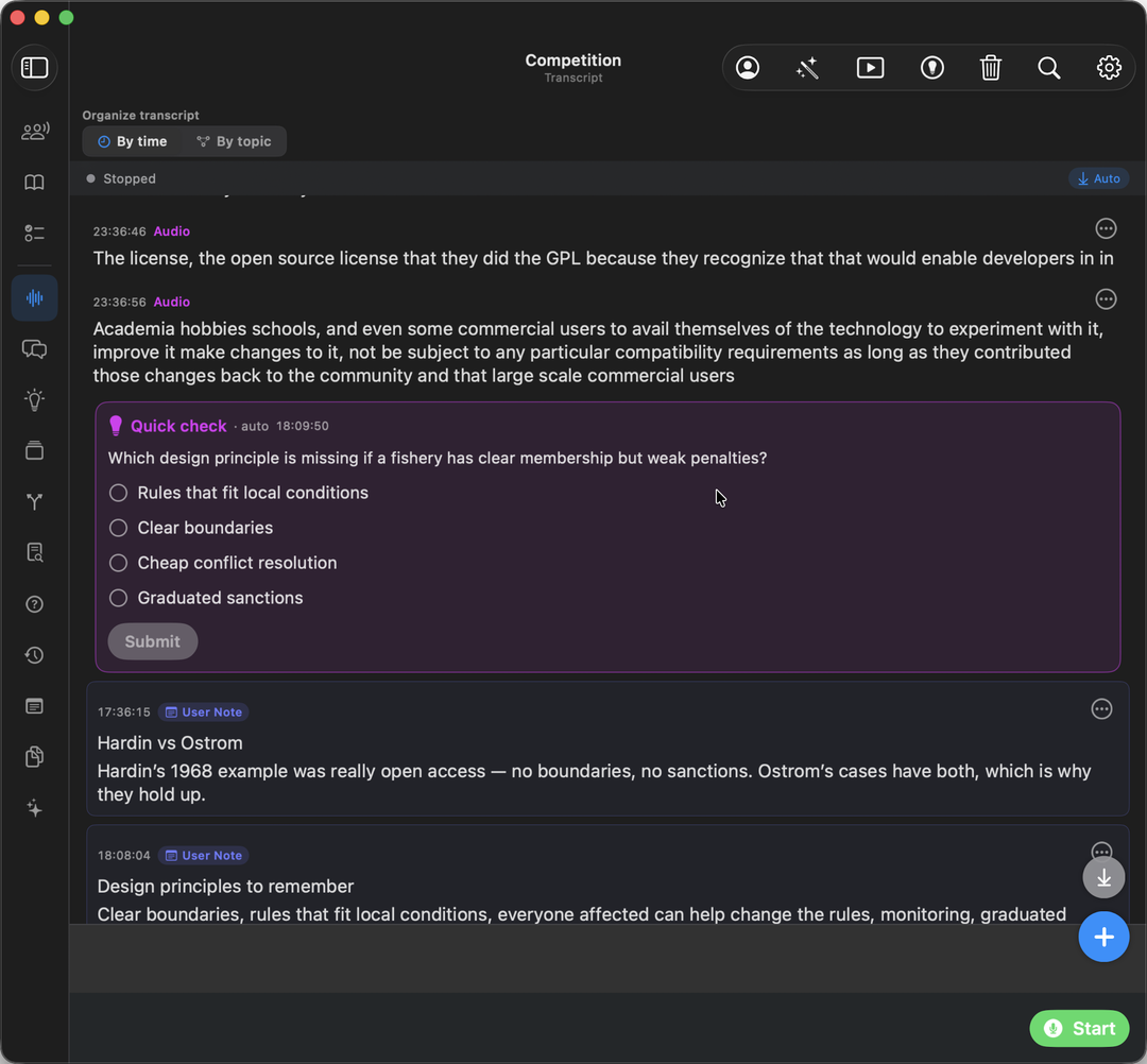 The Transcript view, with spoken lines and a purple Quick check card