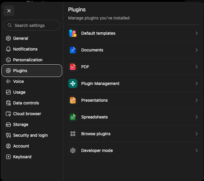 The Plugins settings page, with Developer mode at the bottom
