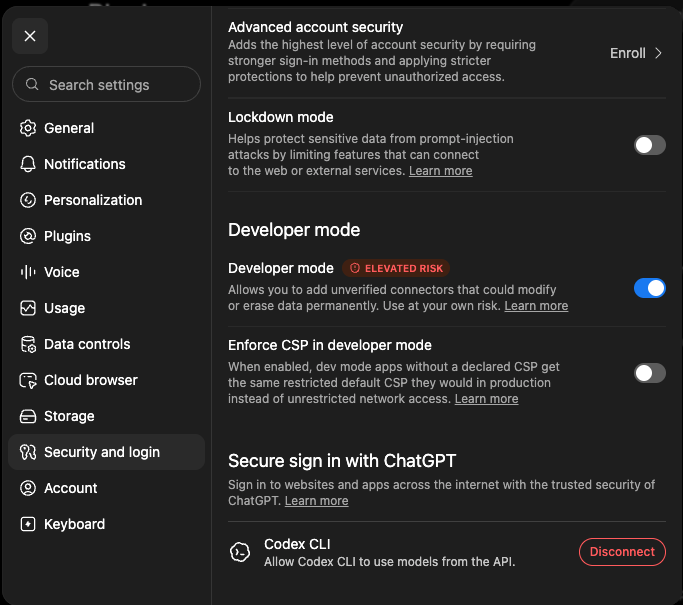 The Security and login page, with the Developer mode switch turned on