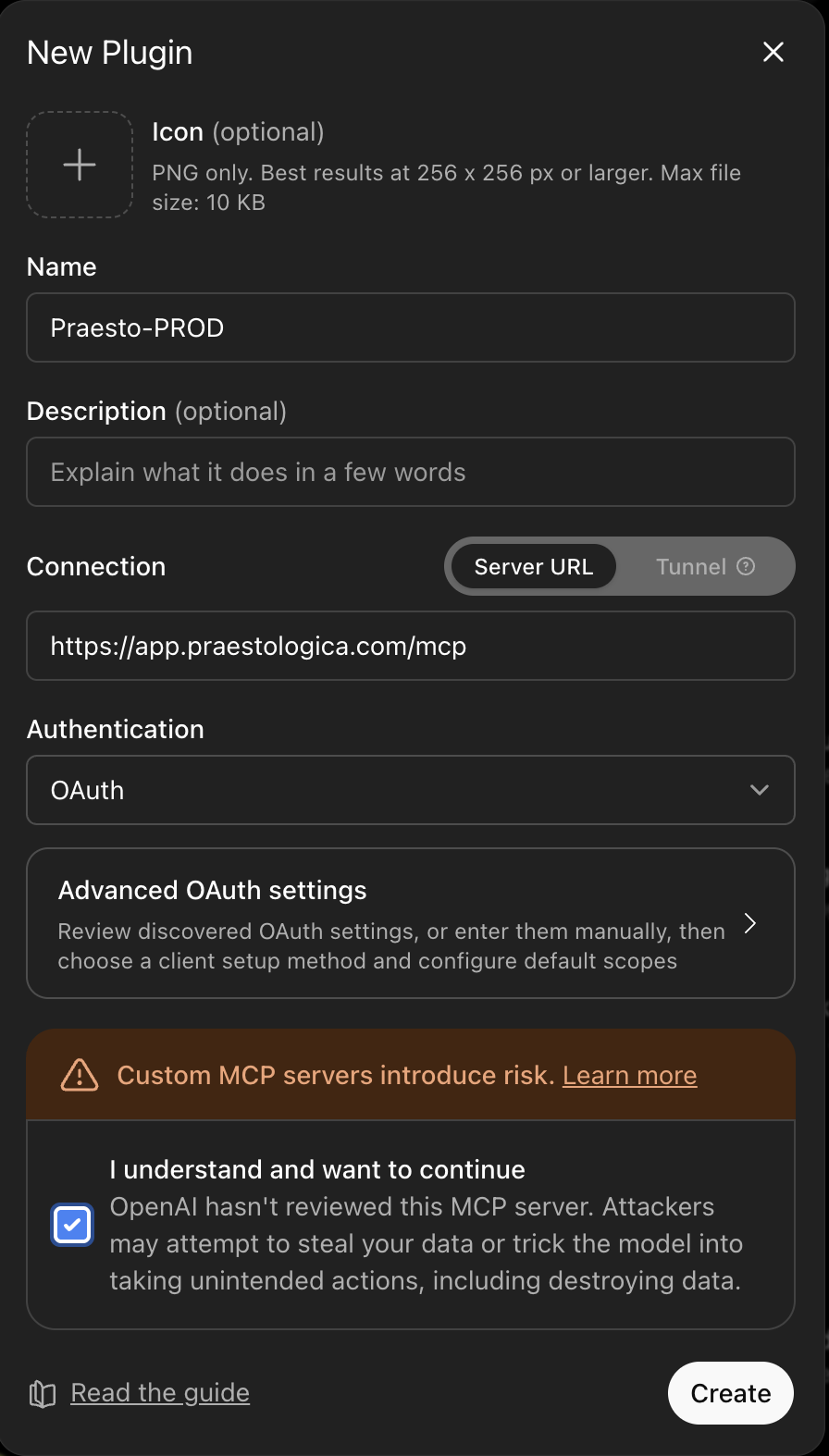 The New Plugin form, filled in with the name, the server URL, OAuth, and the confirmation box checked