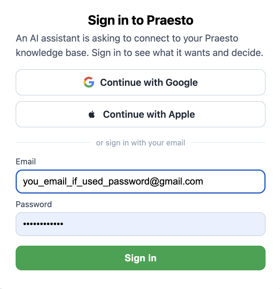 The Praesto sign-in page, with Google, Apple, and email sign-in