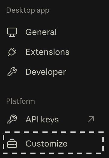 Claude's settings list, scrolled down, with Customize highlighted