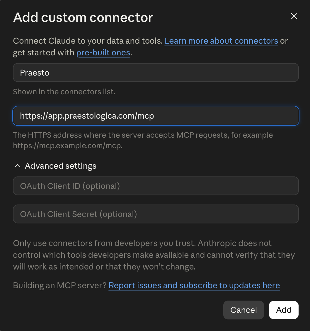 The Add custom connector dialog, with the name Praesto and the connector address filled in
