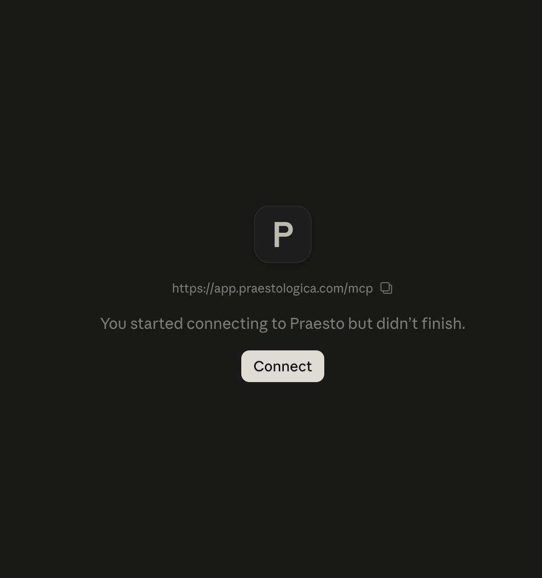 A Praesto page showing the connector address and a Connect button