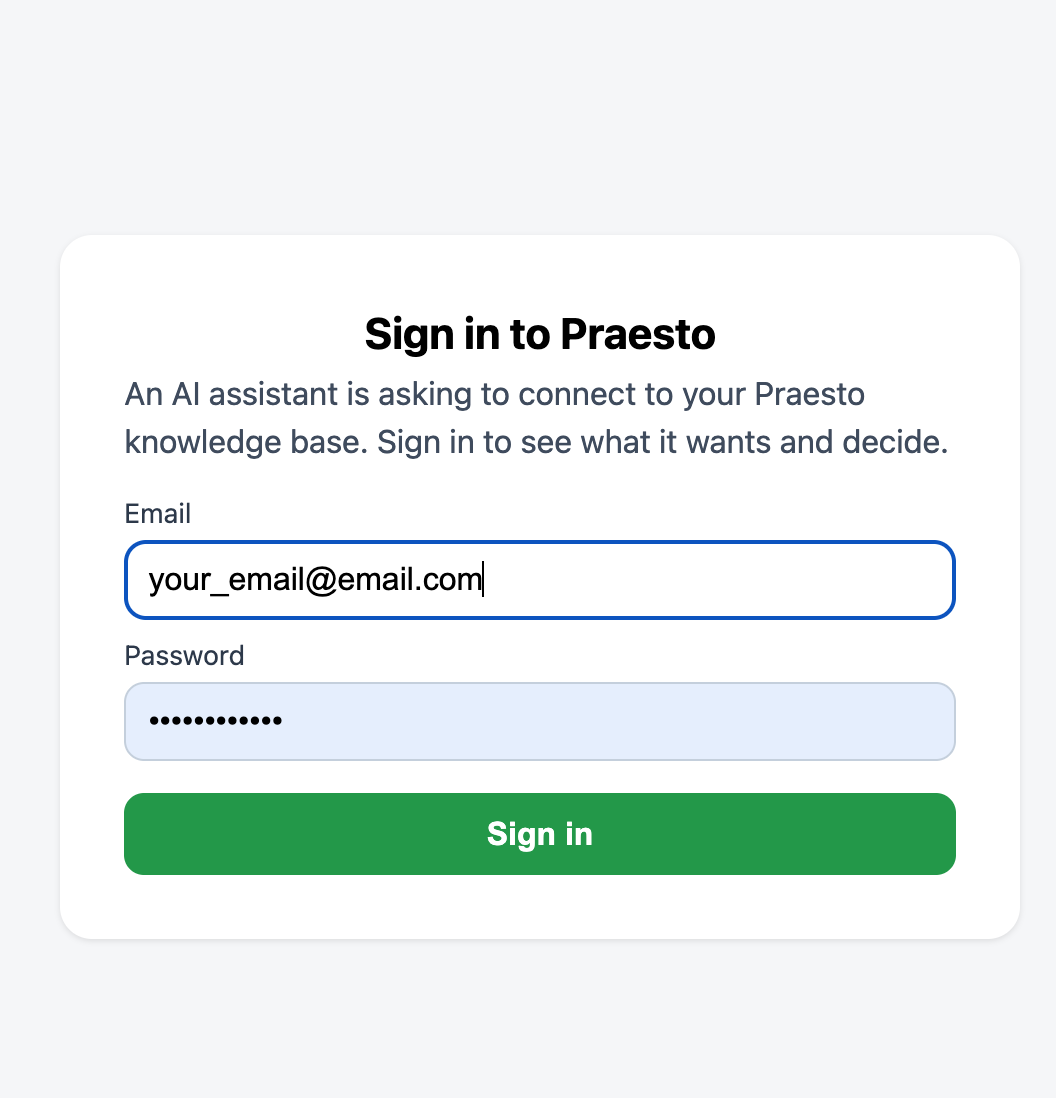 The Praesto sign-in page, explaining that an AI assistant is asking to connect