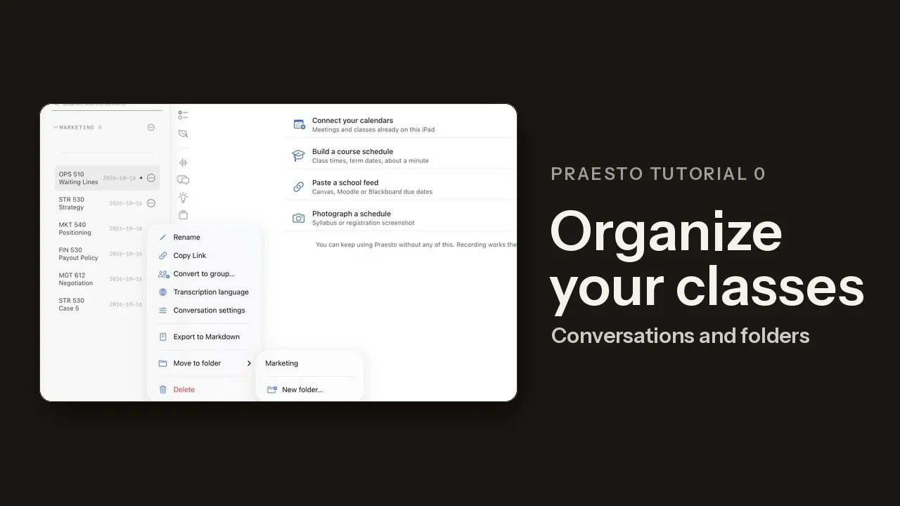 The Praesto class list on an iPad, with a class menu open to rename it or move it into a folder.