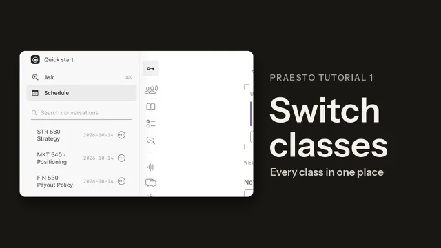 The Praesto class list on an iPad, with a search box and four classes listed by date.